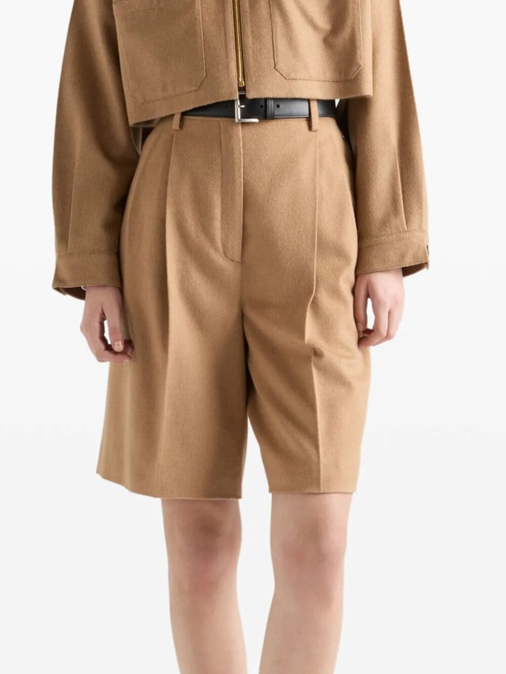 PRADA Beige Camel Hair Felt Peated High Waist Long Bermuda Shorts IT 40 / US 4 - Picture 1 of 10